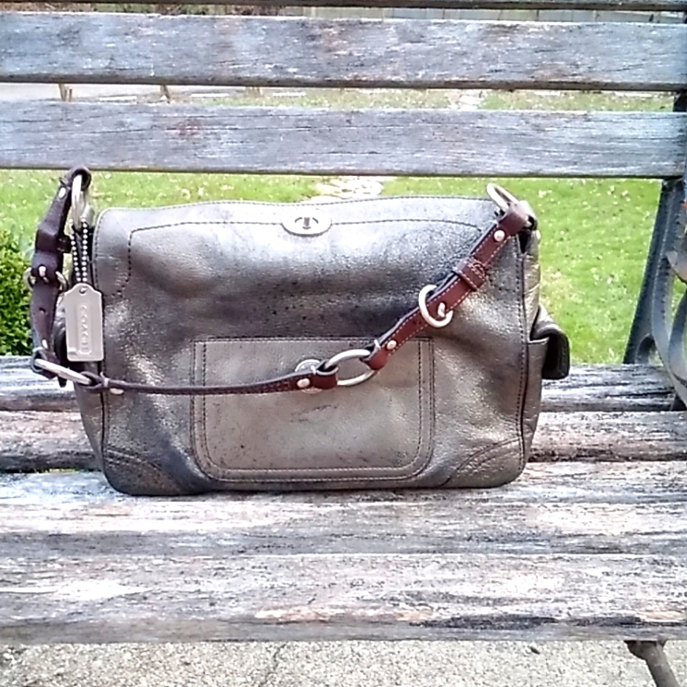 Coach Metallic Pewter Leather Shoulder Bag with Brown Strap